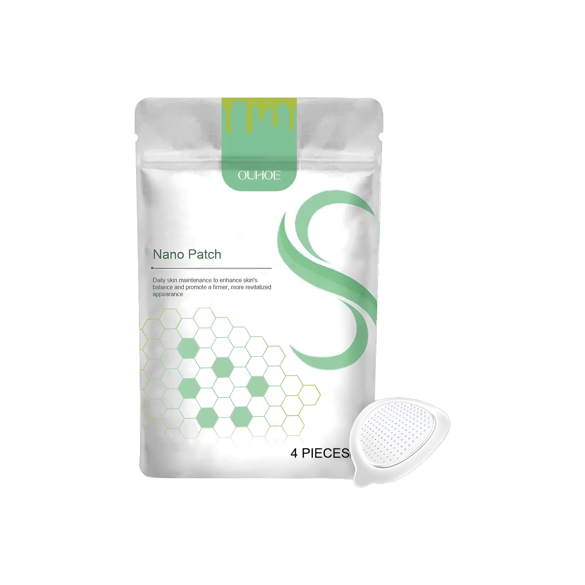 Four micro needle body care patches with bee venom and botanical ingredients on backing card.