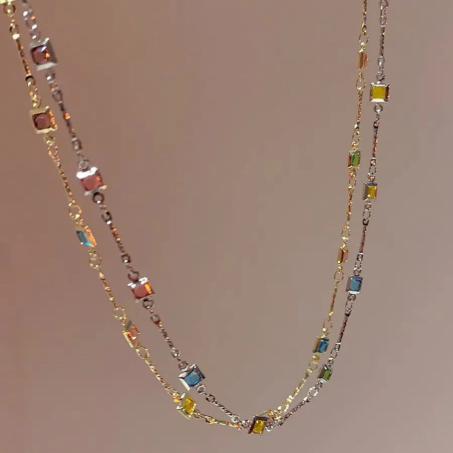 Square colour geometric clavicle chain necklace with artificial crystal accents on alloy chain