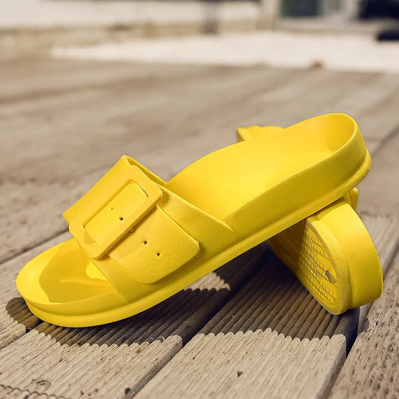 Women's grey blue EVA buckle sandals with an adjustable strap on a white background.