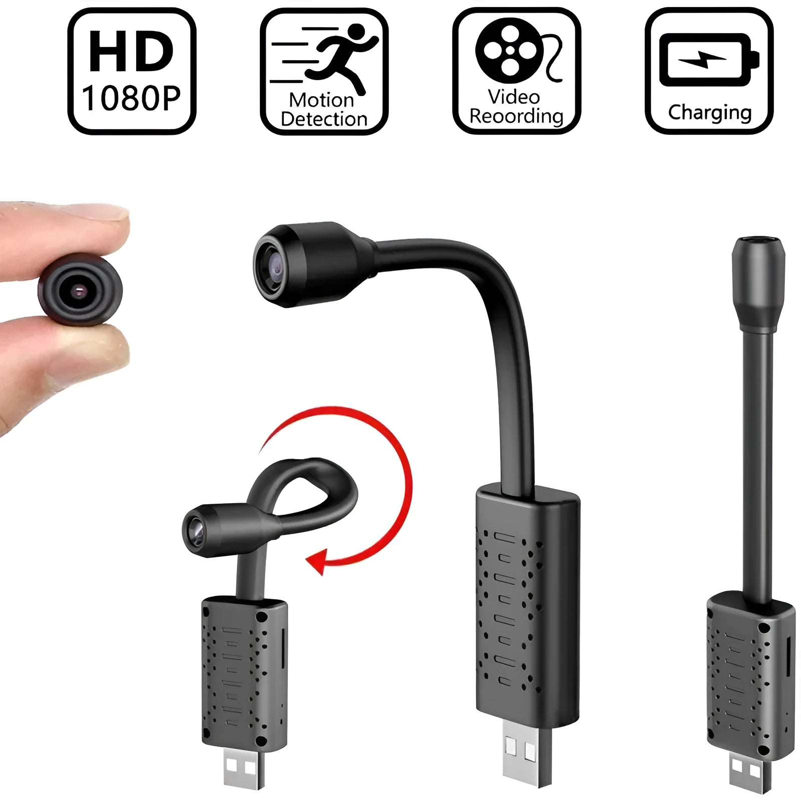 V380 wireless USB HD security camera in black casing measuring 158mm long