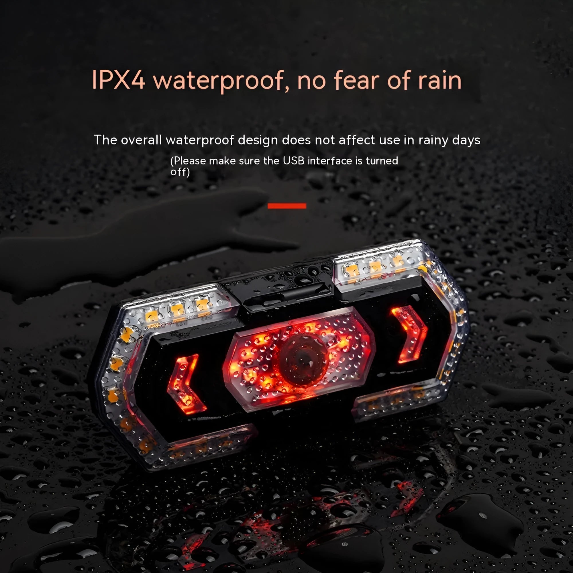 Black wireless remote control turn signal taillight with USB charging port for motorbikes and bicycles