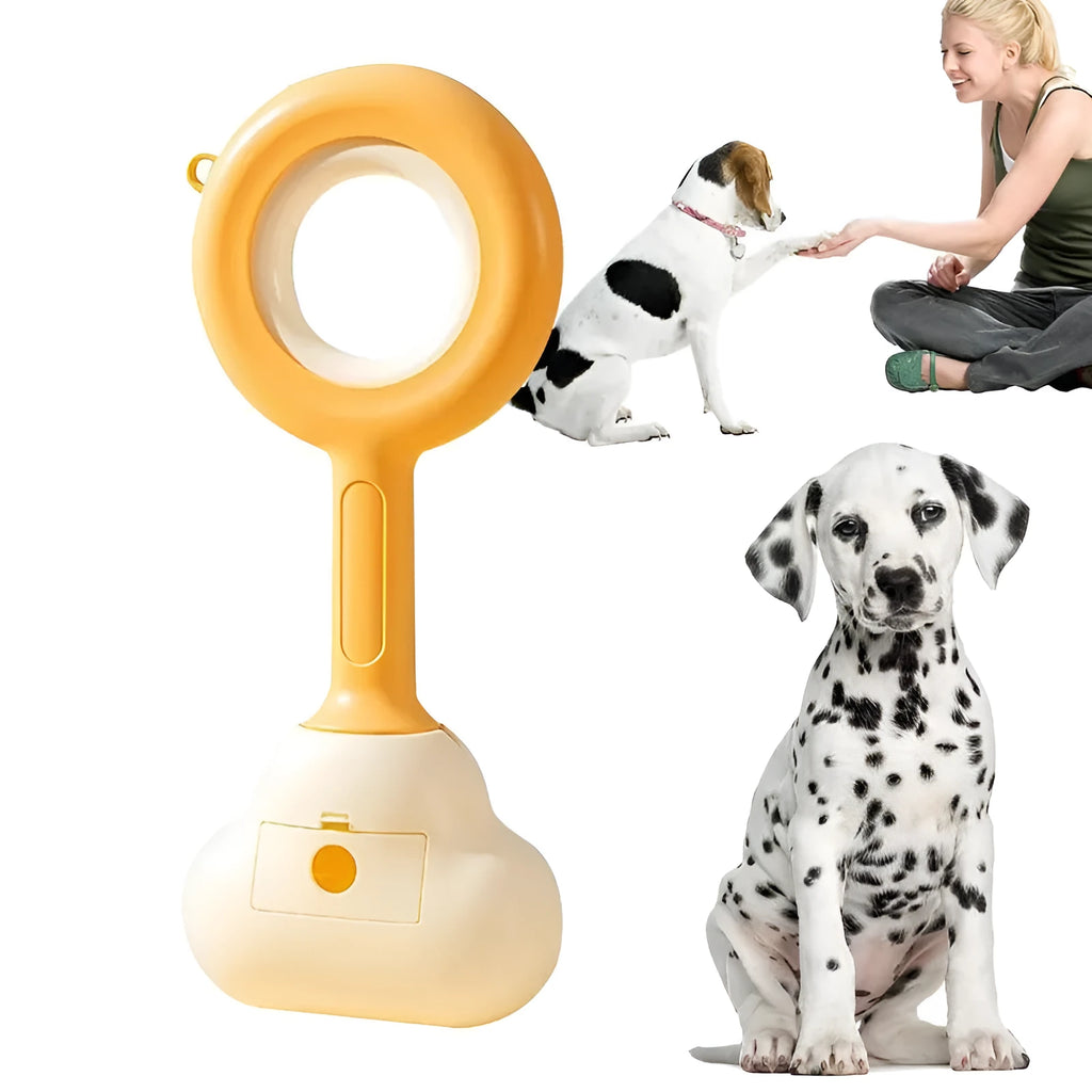 Blue and yellow dog pooper scooper with cloud-shaped jaw and ergonomic grip