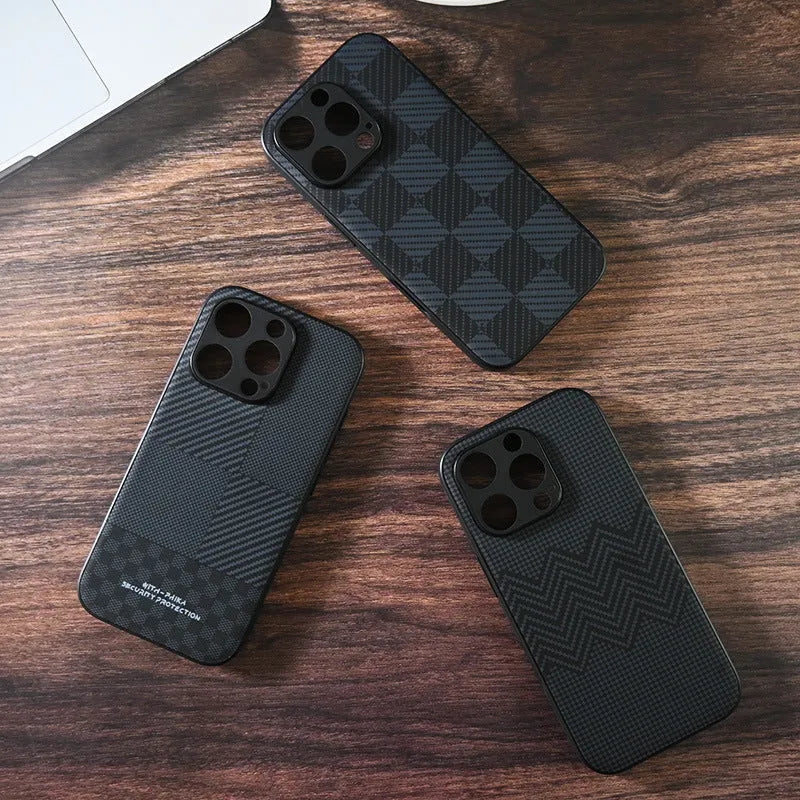 Black imitation leather iPhone case with shockproof and fingerprint-proof features, available in four pattern designs.