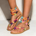 Ethnic beaded petal Roman sandals with floral decoration on artificial PU upper