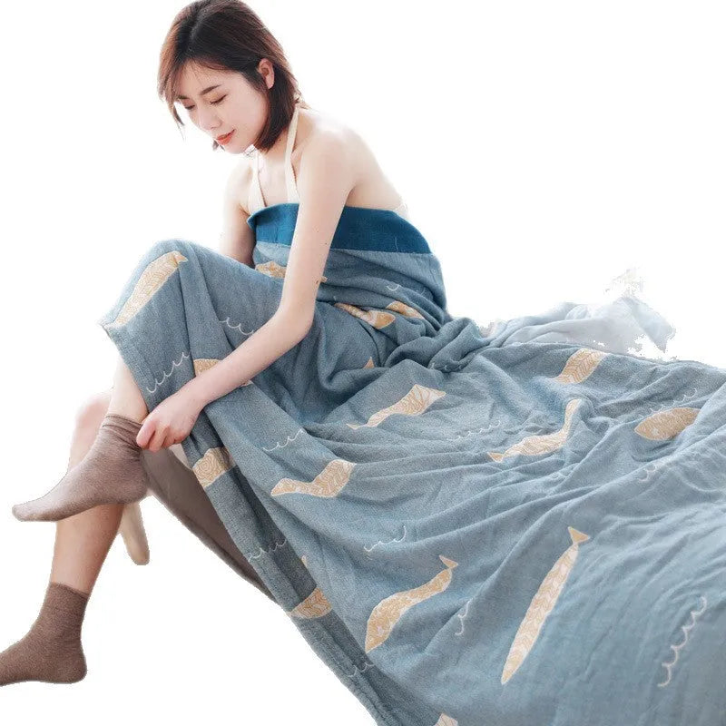 Five-layer gauze cotton bed sheet blanket with Roulette Wheel Blue pattern for autumn winter use
