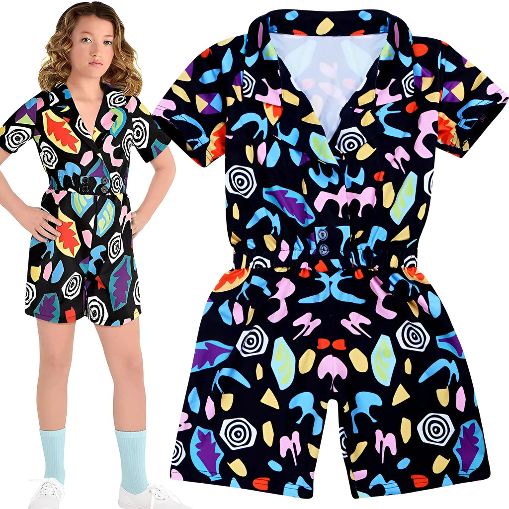 Girls' black short sleeve jumpsuit with cartoon pattern, cotton, sizes 120cm to 170cm