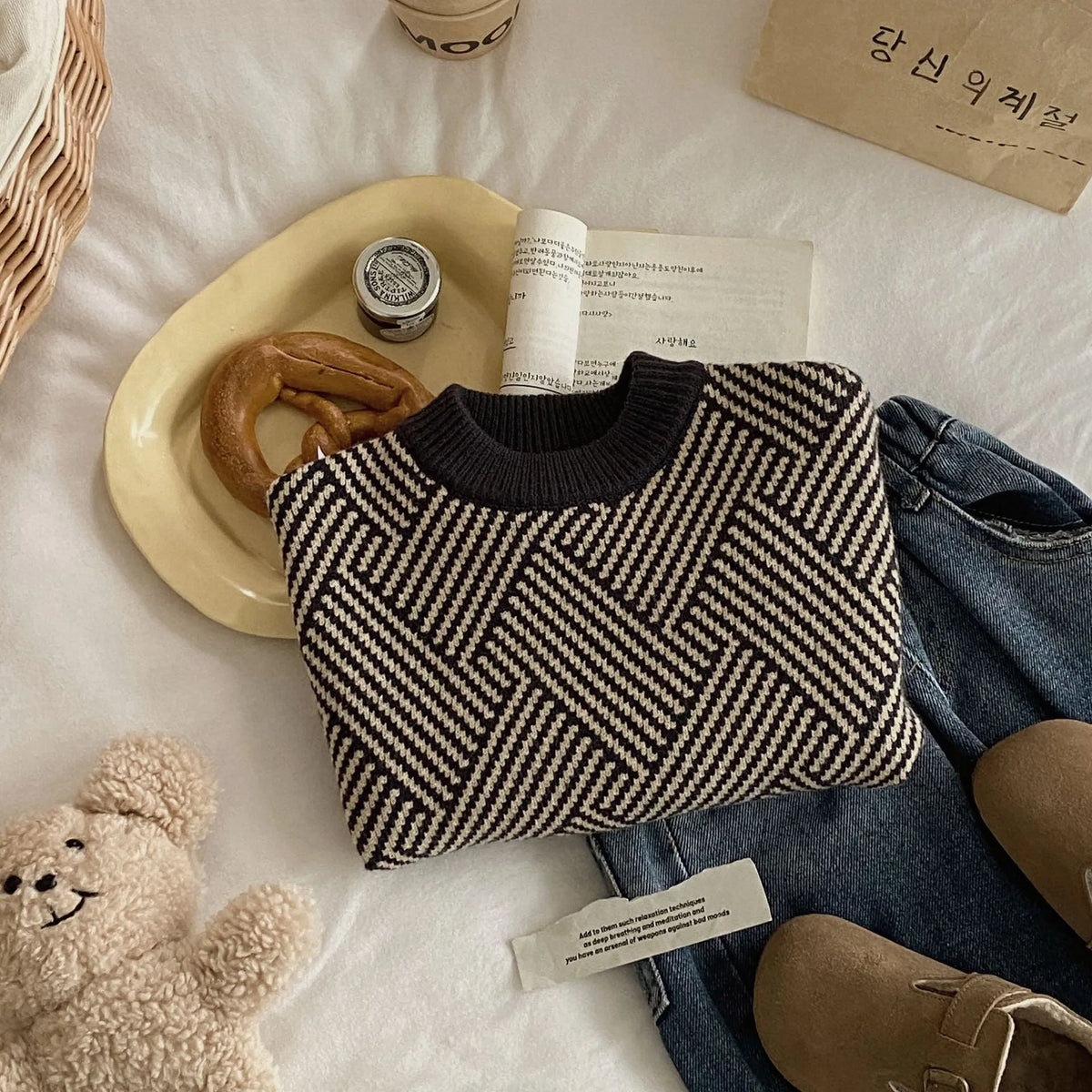 Dark gray striped children's pullover sweater in acrylic knit, sizes 90cm to 140cm