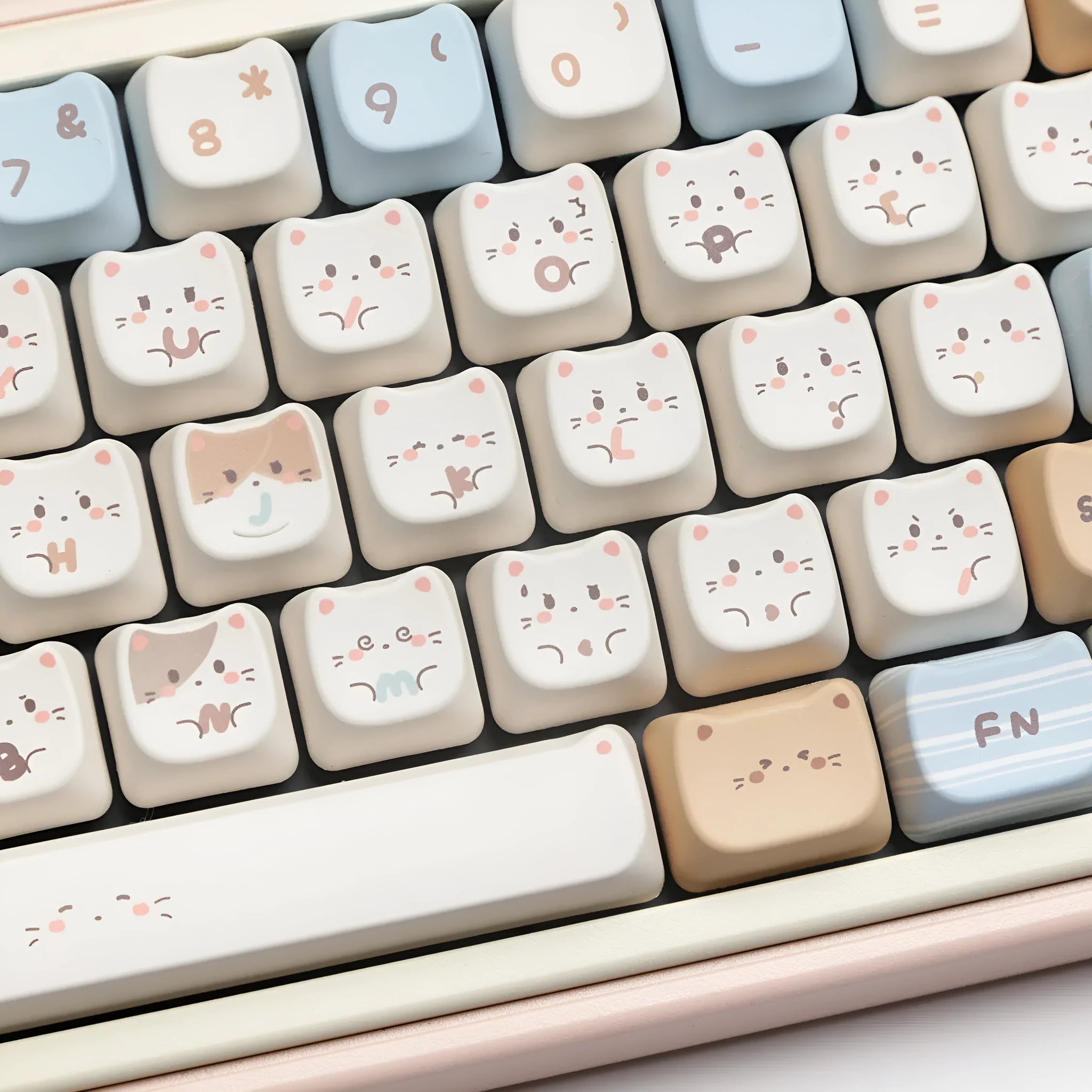 Sea salt cat themed PBT mechanical keyboard keycap set with March 7u spacebar supplement