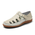 Plus size women's flat heel sandals with hollow breathable design and toe cap in white, red, and blue colours
