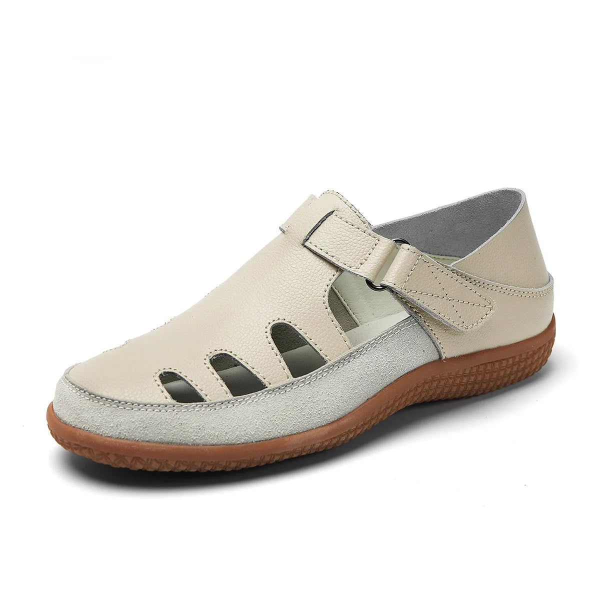 Plus size women's flat heel sandals with hollow breathable design and toe cap in white, red, and blue colours