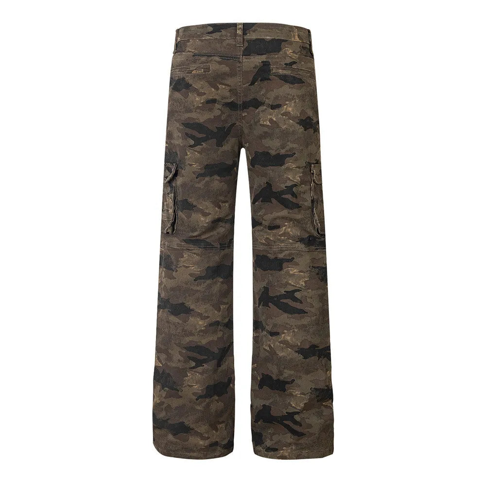 Men's camouflage denim trousers, mid waist, straight leg, cotton main fabric, sizes S to XL