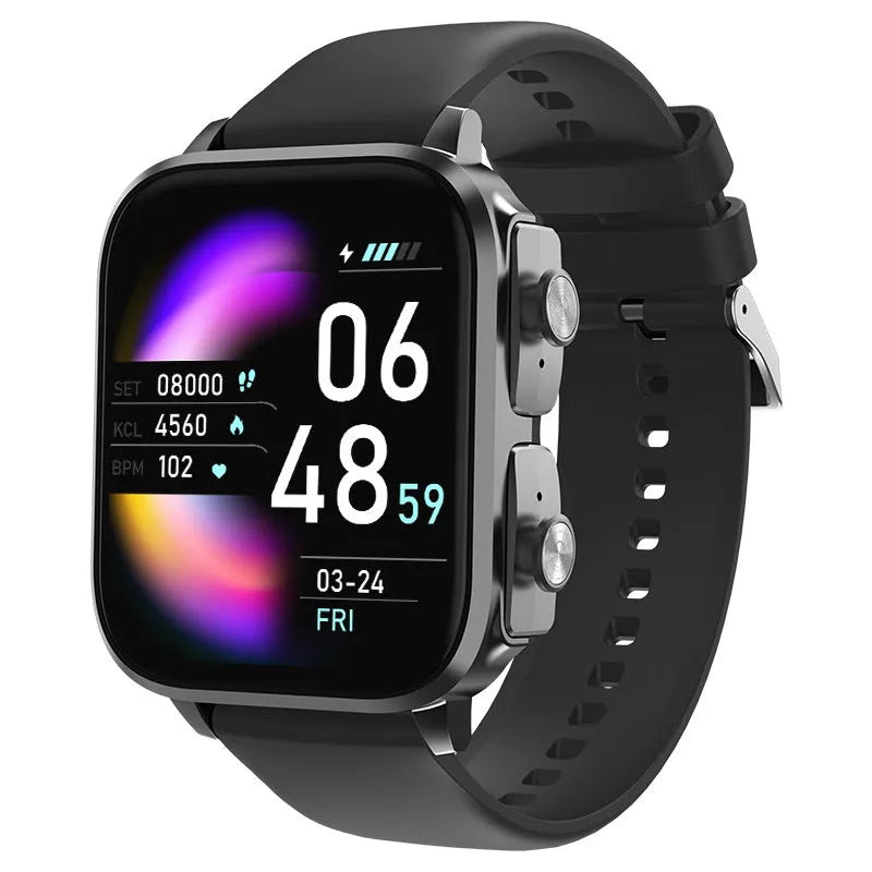 Black two-in-one Bluetooth smart watch with TFT touchscreen and headset for calls, heart rate and blood pressure monitoring