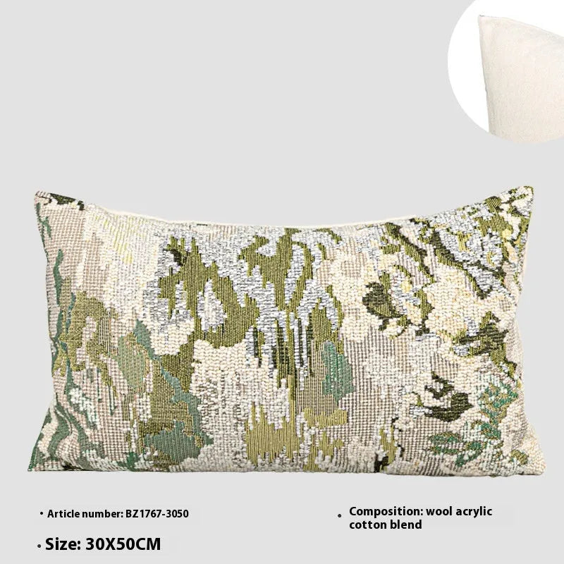 Antique green wool blended pillow with abstract spring flower pattern in French Chinese style