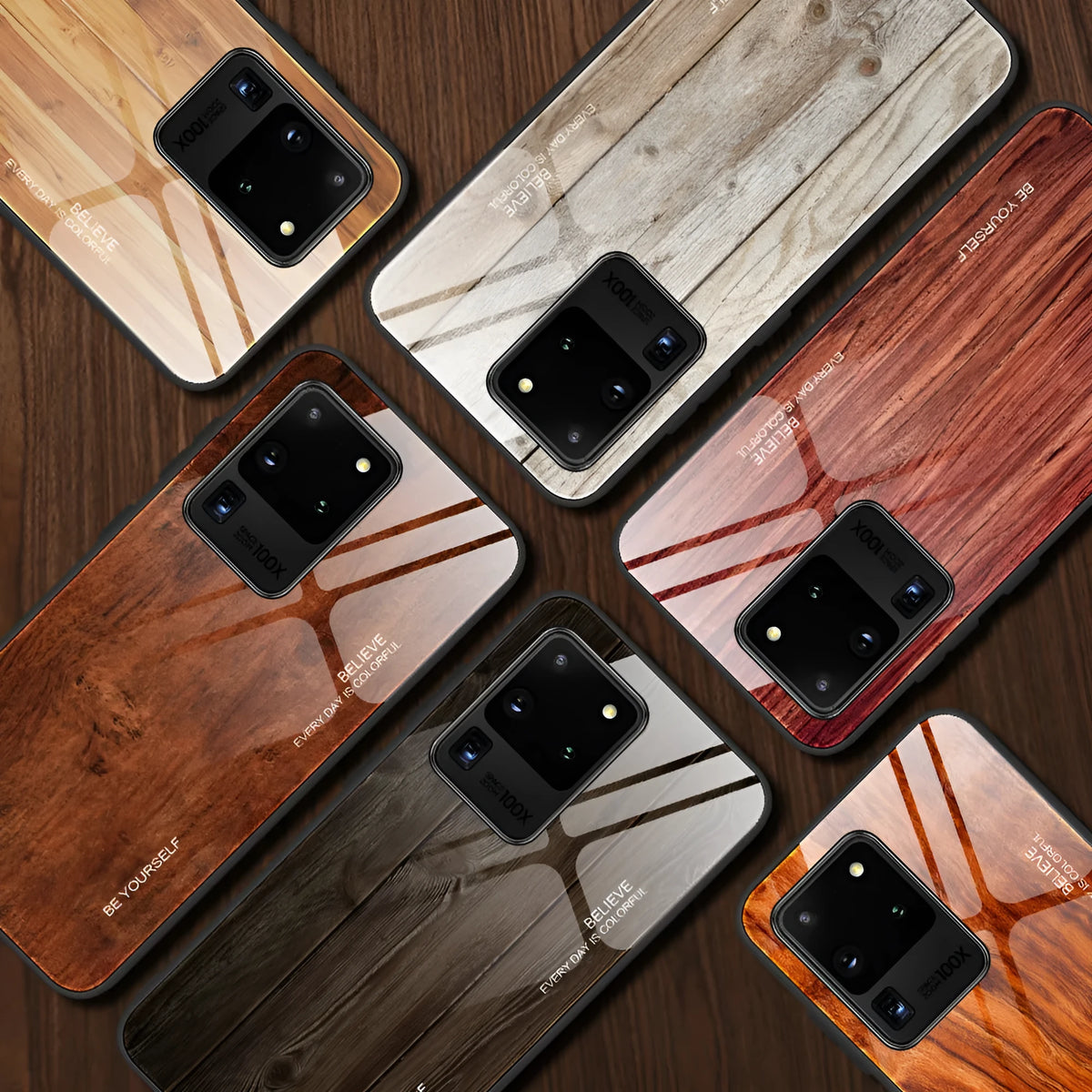 Wood grain tempered glass phone case for Samsung, back cover in six colours
