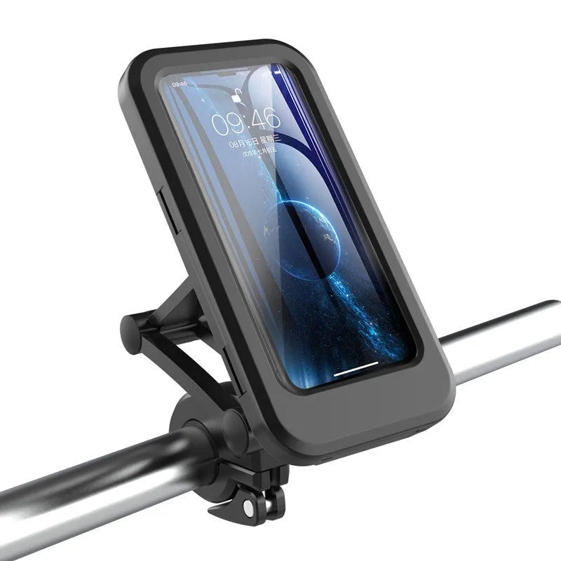 Black waterproof bike phone holder mount with magnetic suction for 4 to 6.7 inch phones on handlebar
