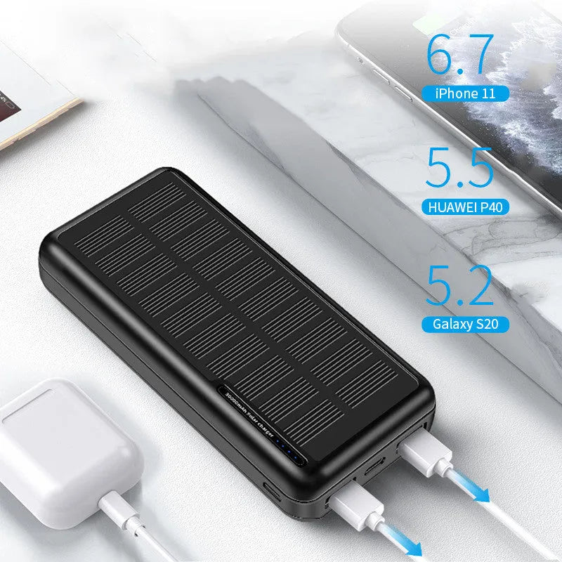 30000mAh all black portable power bank with solar panel, 142x69x29mm