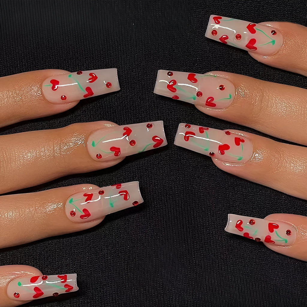 French love red diamond small cherry nail art decorations, 24 armour sheets with adhesive glue