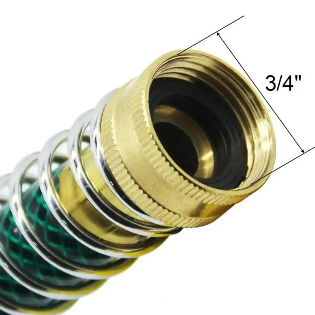 Brass garden hose connector with steel anti-kink spring measuring 15cm