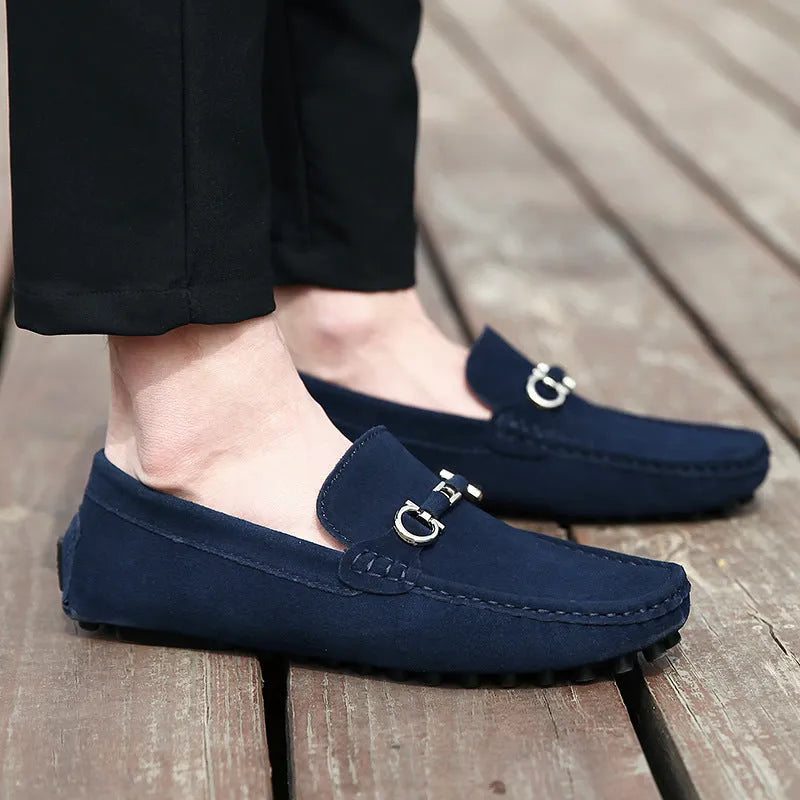 Men's Korean style square toe slip-on shoes in matte cowhide leather available in black, blue and grey colours