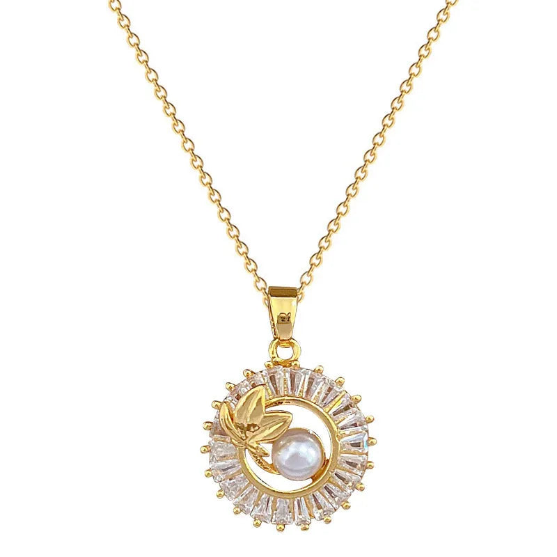 Women's titanium steel geometric jewellery set with copper pendant necklace and gold-plated earrings
