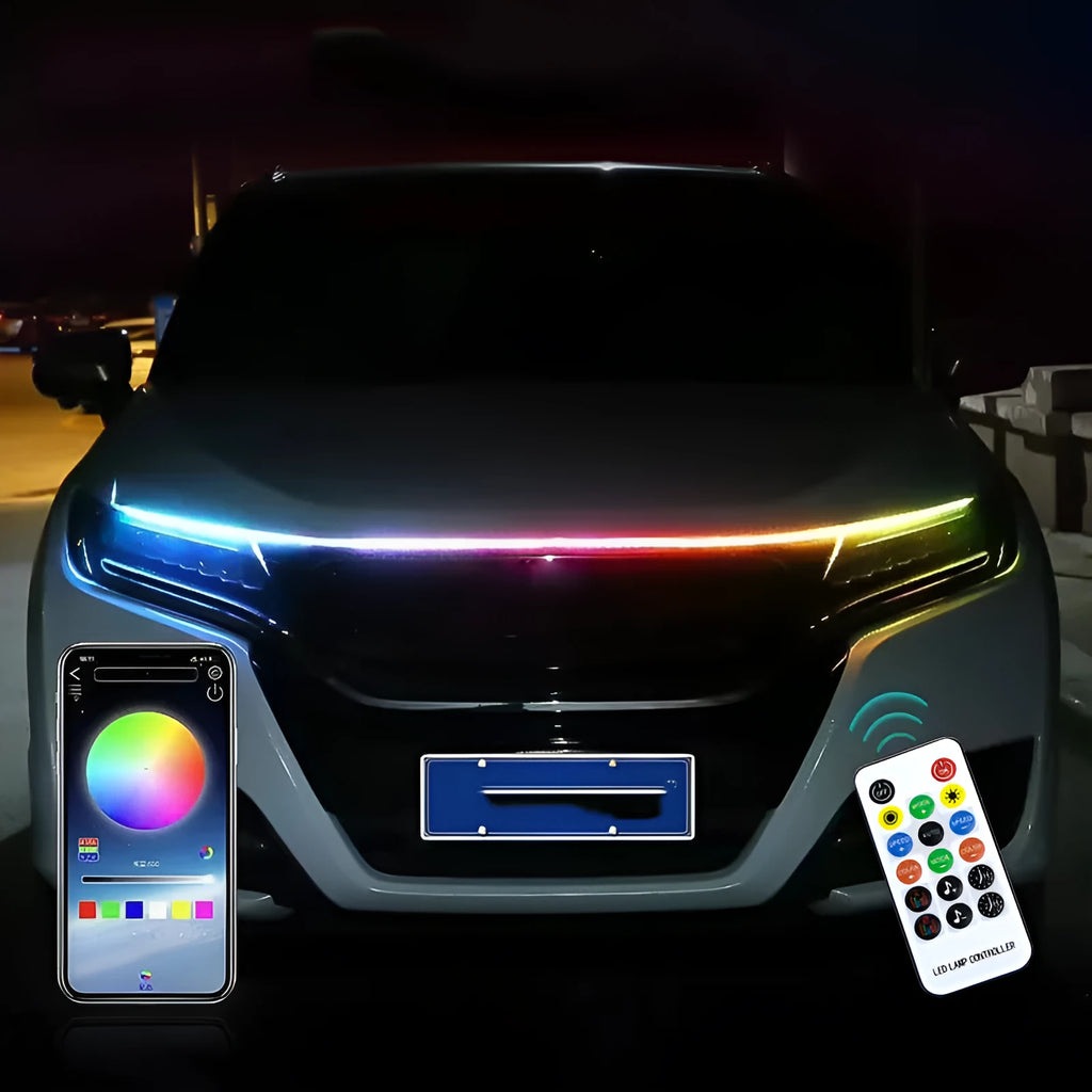 LED strip light for General Motors vehicle engine cover in white, red, blue, or colourful modes.