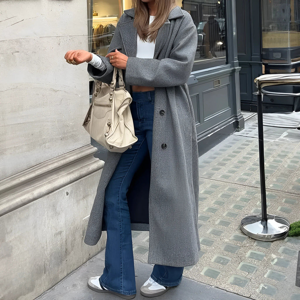 Grey long sleeve polyester coat in sizes S to XL, European and American style outerwear