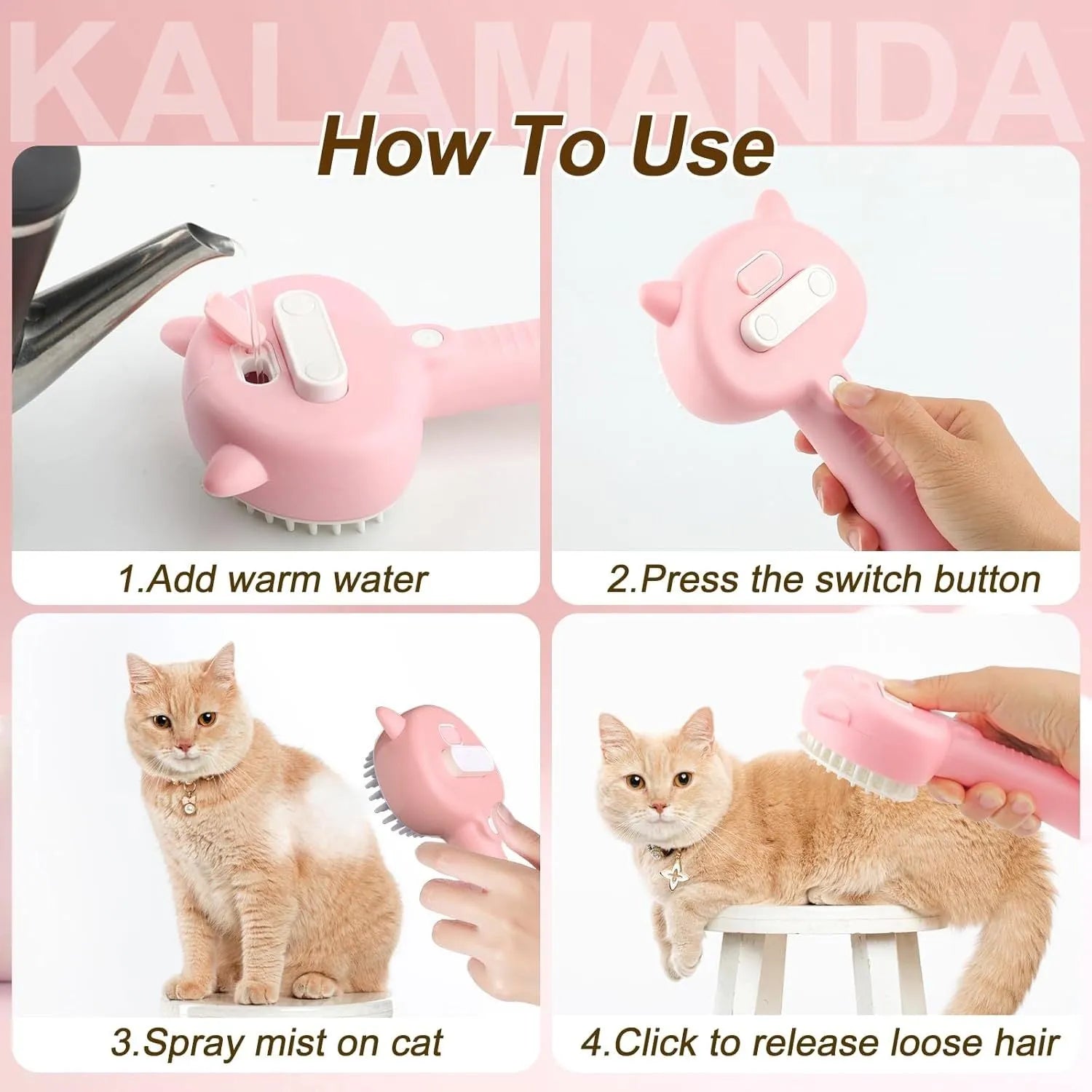 Blue 4-in-1 cat steam brush with ergonomic handle and release button for pet grooming