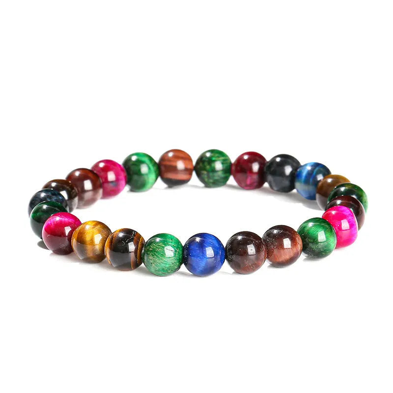 Colourful tiger eye bracelet with natural gemstone beads in multiple sizes on mixed string