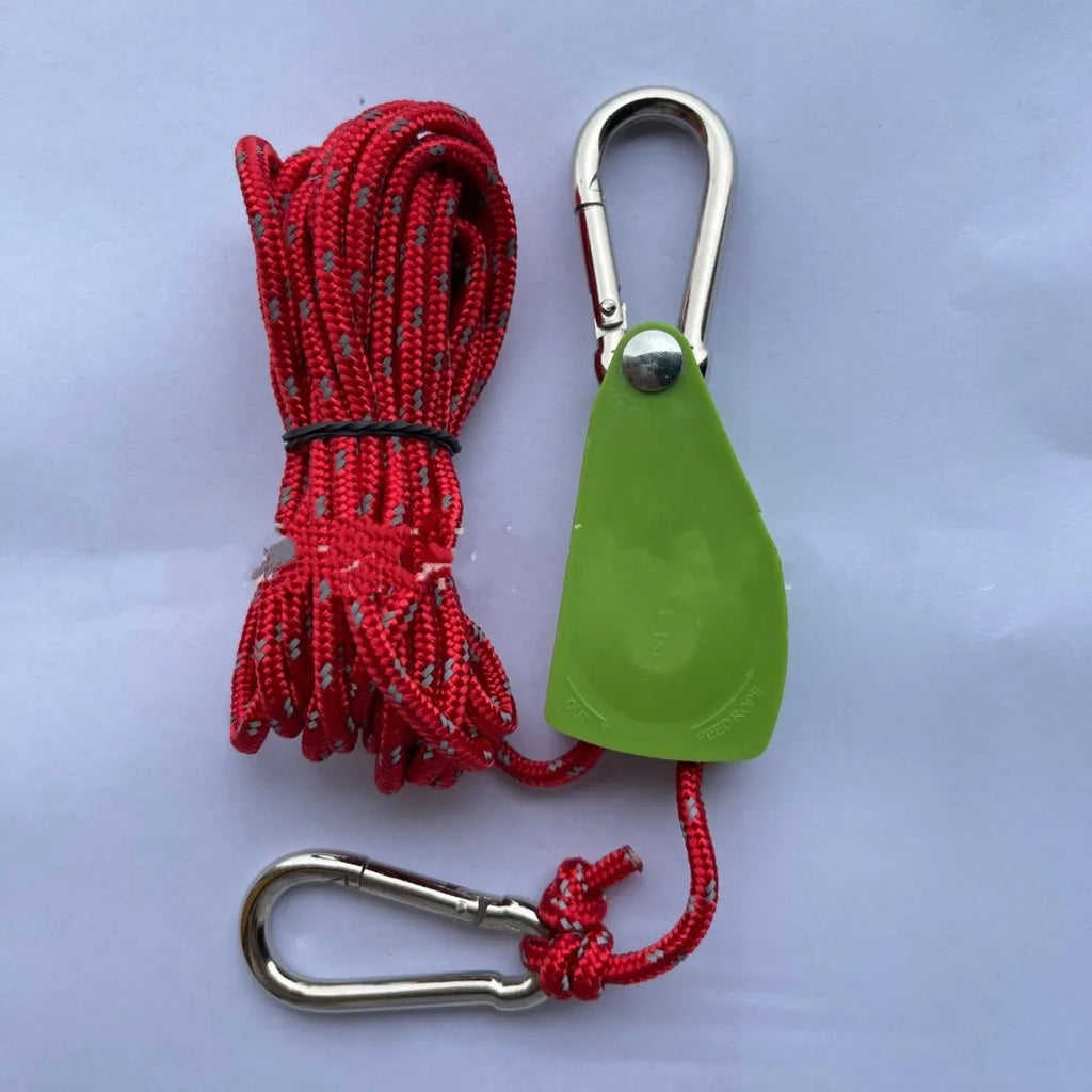 Tent guy rope with pulley adjuster, 4mm nylon cord, 4M or 5M, Army Green or Coffee.