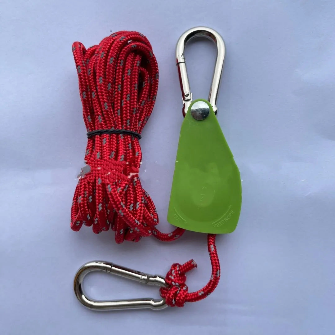 Tent guy rope with pulley adjuster, 4mm nylon cord, 4M or 5M, Army Green or Coffee.