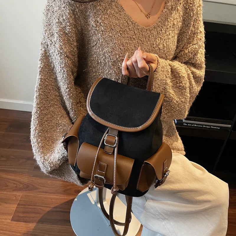 Women's retro textured PU backpack with zipper replacement and file pockets, available in black, beige, brown, and coffee.