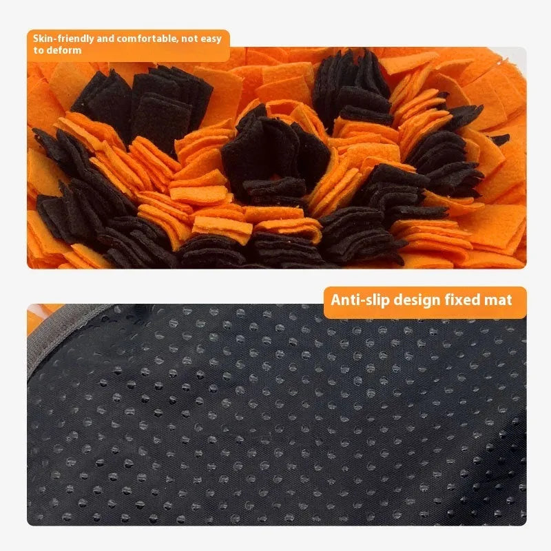 Orange pumpkin-shaped woollen pet training mat on floor with dog treats