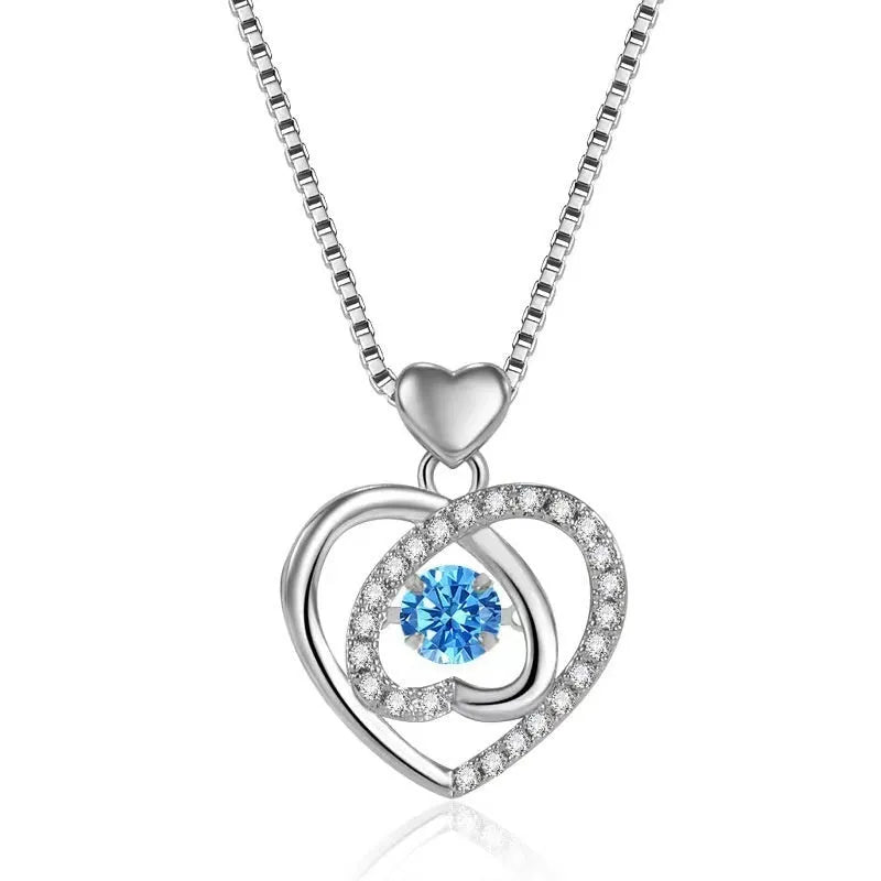 Blue diamond love heart necklace and bracelet jewellery set with mixed gem inlaid pendant