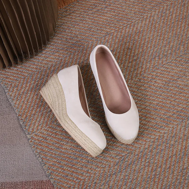 Women's wedge high heel pumps in apricot with rope-bottom sole and shallow mouth cut