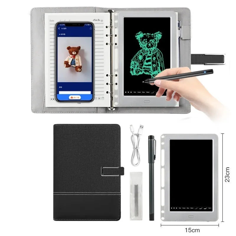 85-inch electronic writing pad with stitching design in dark blue, shown with smart pen and USB cable.