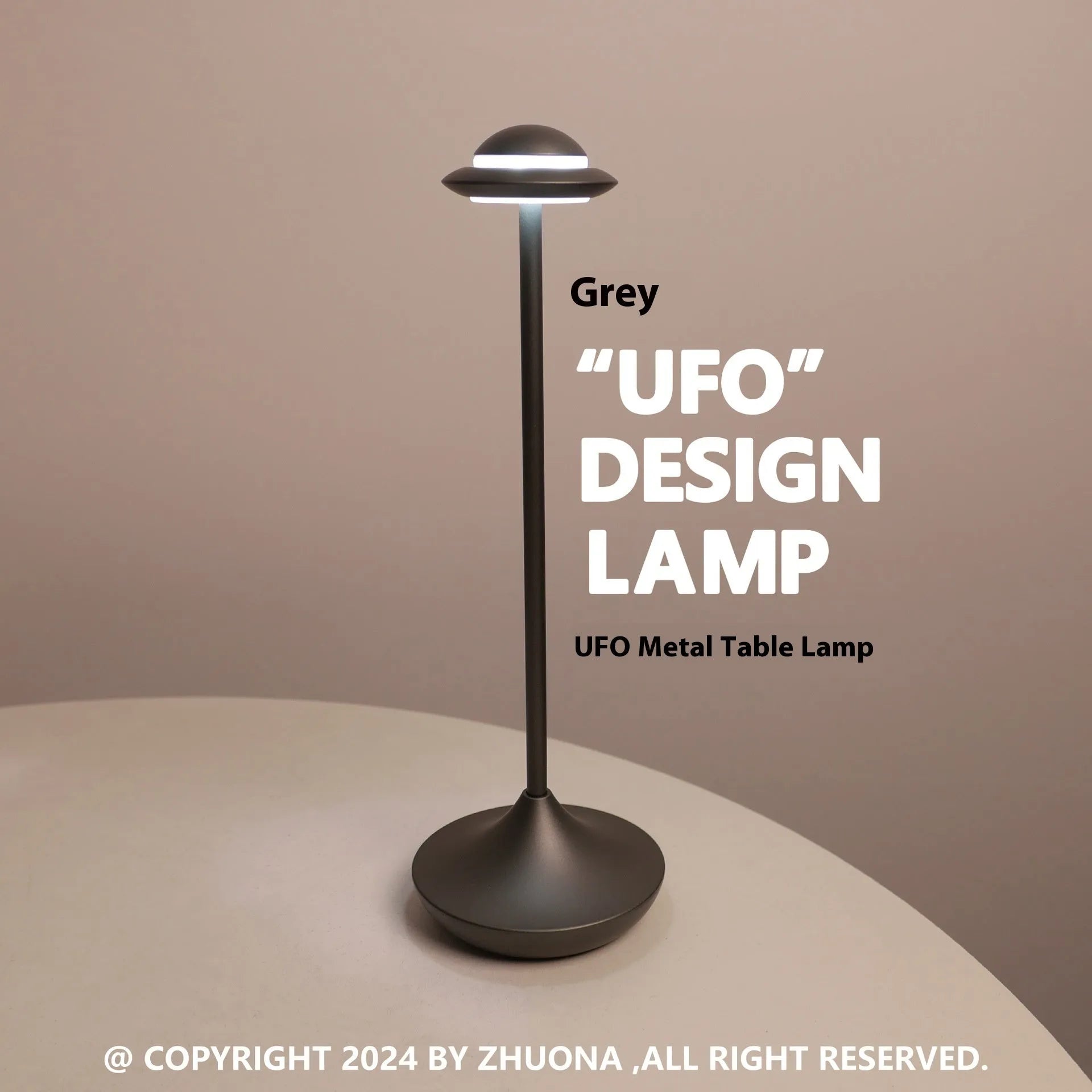Creative UFO-shaped rechargeable table lamp with metal base in black, gold, or grey colour.