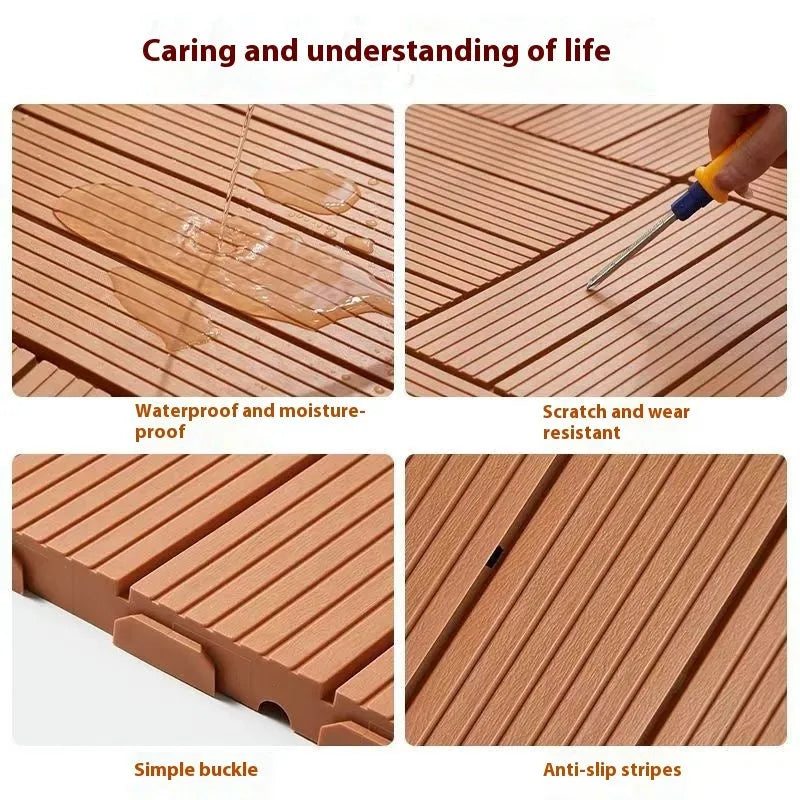 Pack of 10 wood grain style plastic interlocking floor tiles showing non-slip texture