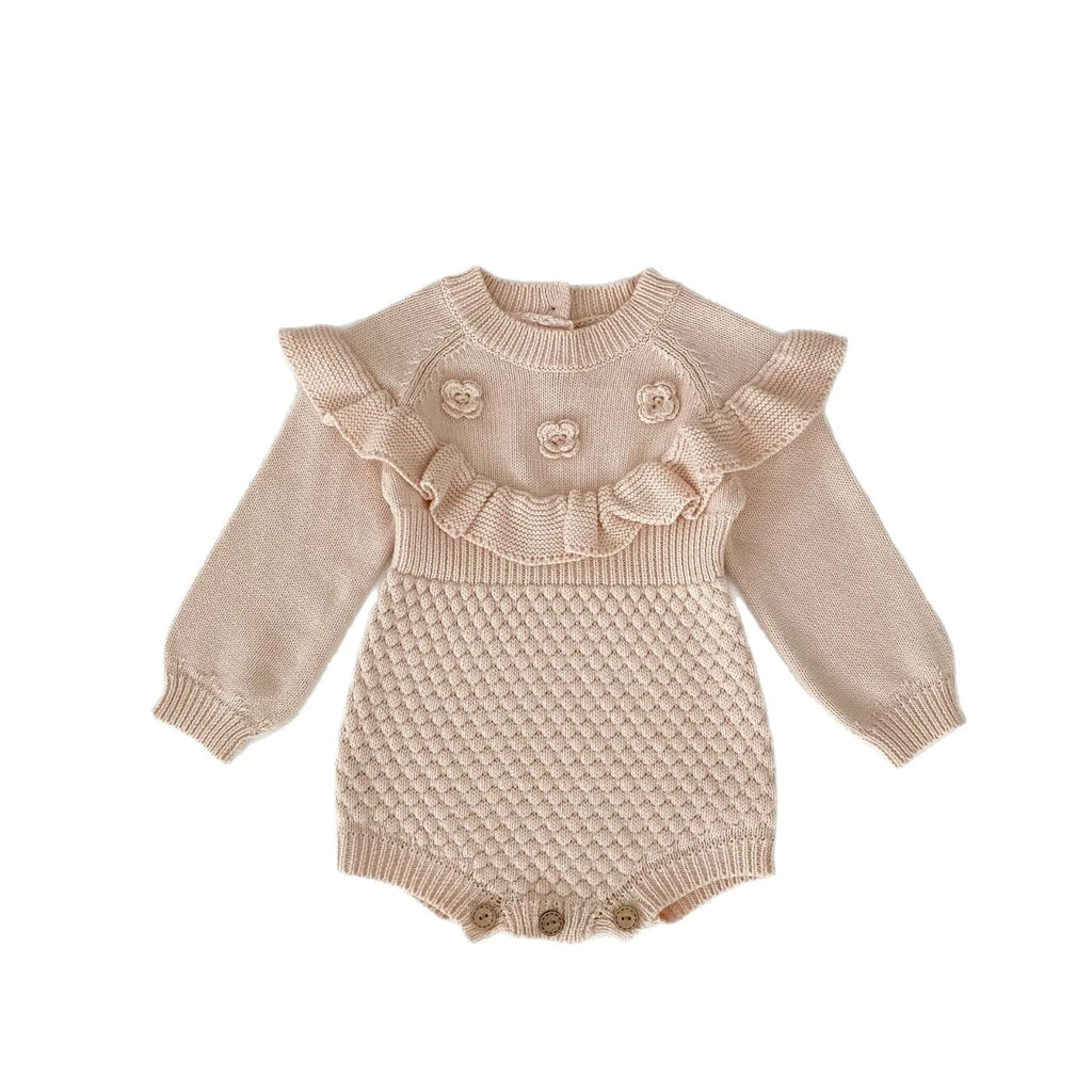 Baby girls stone powder cotton knitted jumpsuit with hand crochet flower pineapple plaid, long sleeve pullover