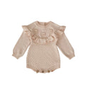 Baby girls stone powder cotton knitted jumpsuit with hand crochet flower pineapple plaid, long sleeve pullover