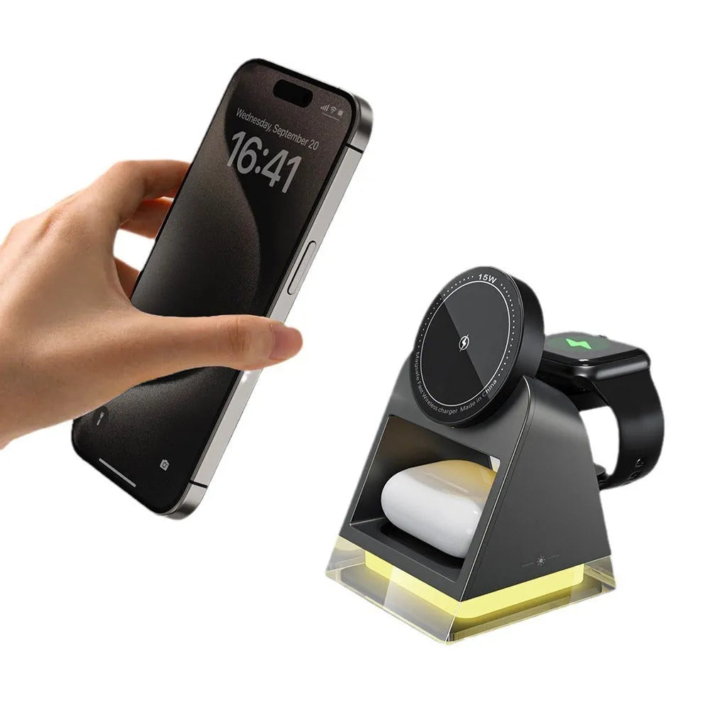 Touch Magnetic Three-in-one Wireless Charger in black plastic with USB cable