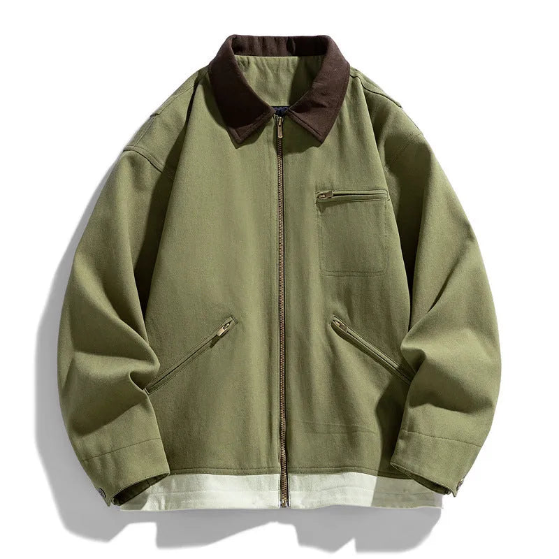 Men's Korean-style retro workwear jacket with contrast lapels in polyester