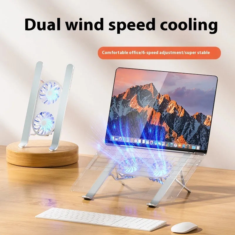 Aluminium alloy laptop cooling stand with twin fans in folded position showing silver finish