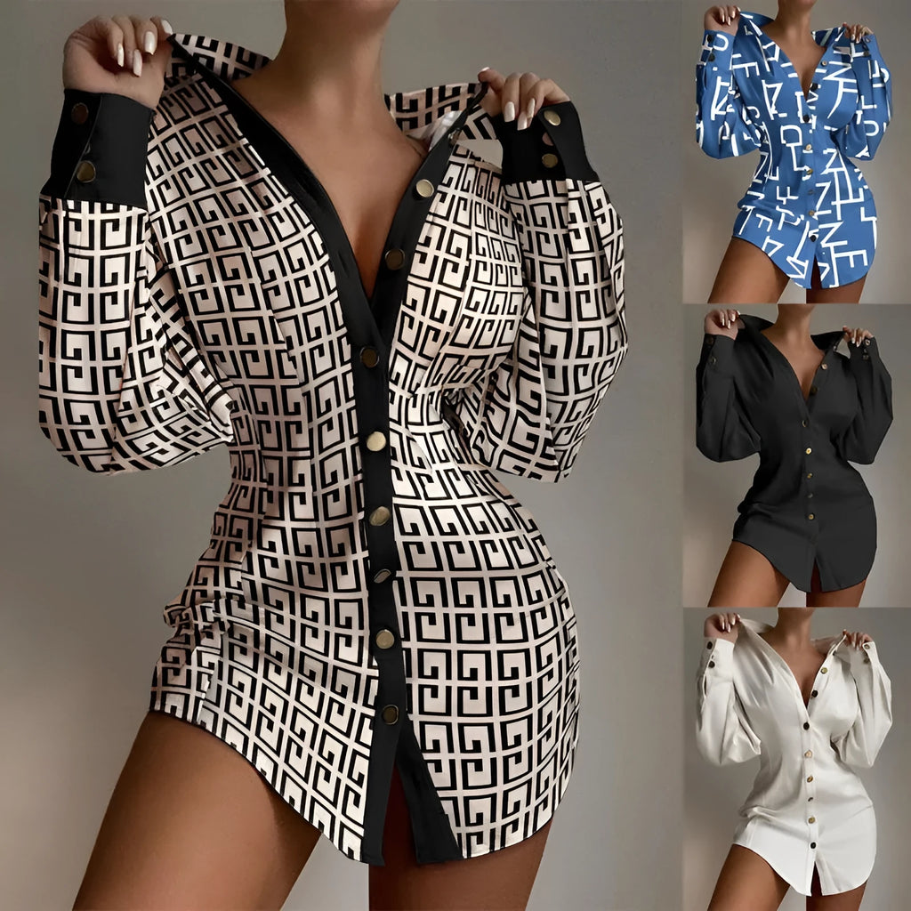 Women's printed long sleeve shirt with waist-controlled fastener decoration, button detail, art retro style, in khaki, blue, black or white.