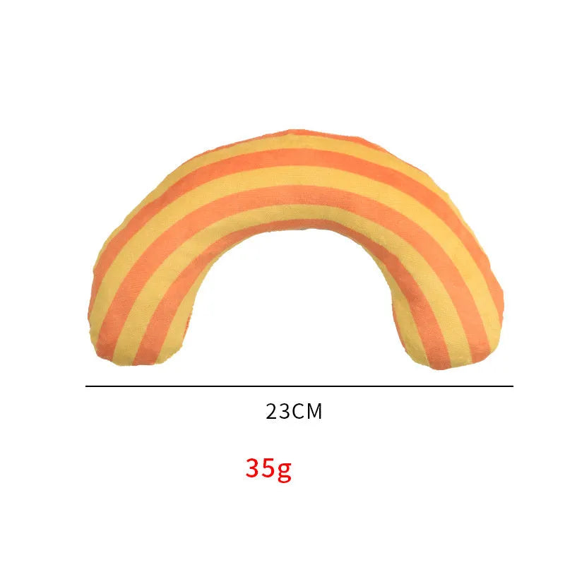 Striped pattern cat pillow toy with noise maker and catnip filling measuring 23cm by 20cm