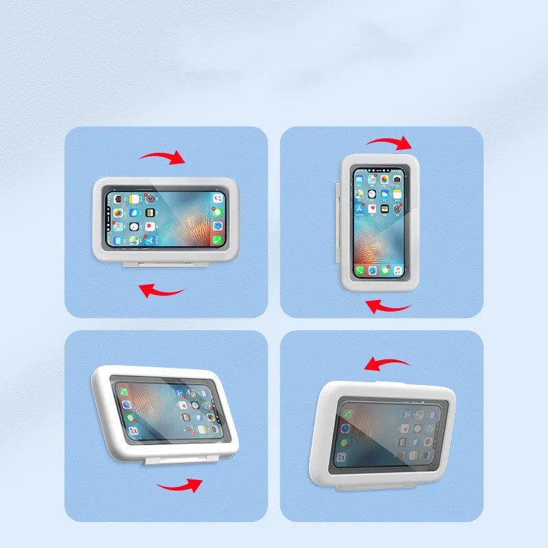Waterproof bathroom phone case with touch screen mounted on tile, showing anti-fog window and universal phone fit
