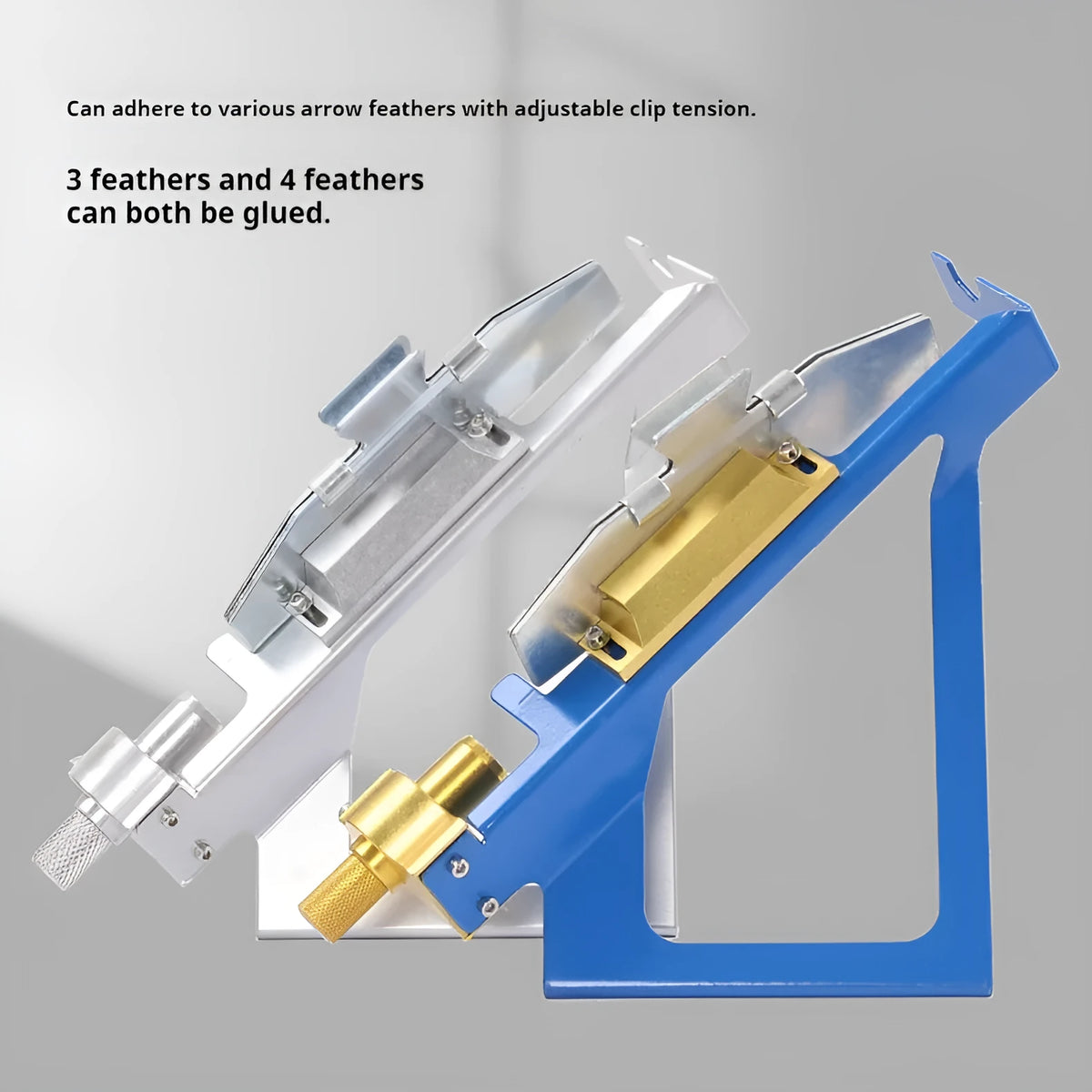 SPG stainless steel fletching jig in blue or silver for arrow bonding and DIY fletching.