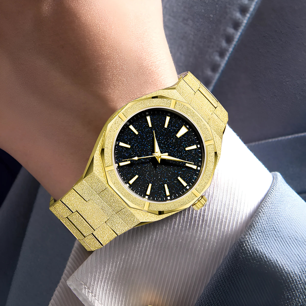 Men's business watch with frosted stainless steel case and luminous hands in silver, gold or black