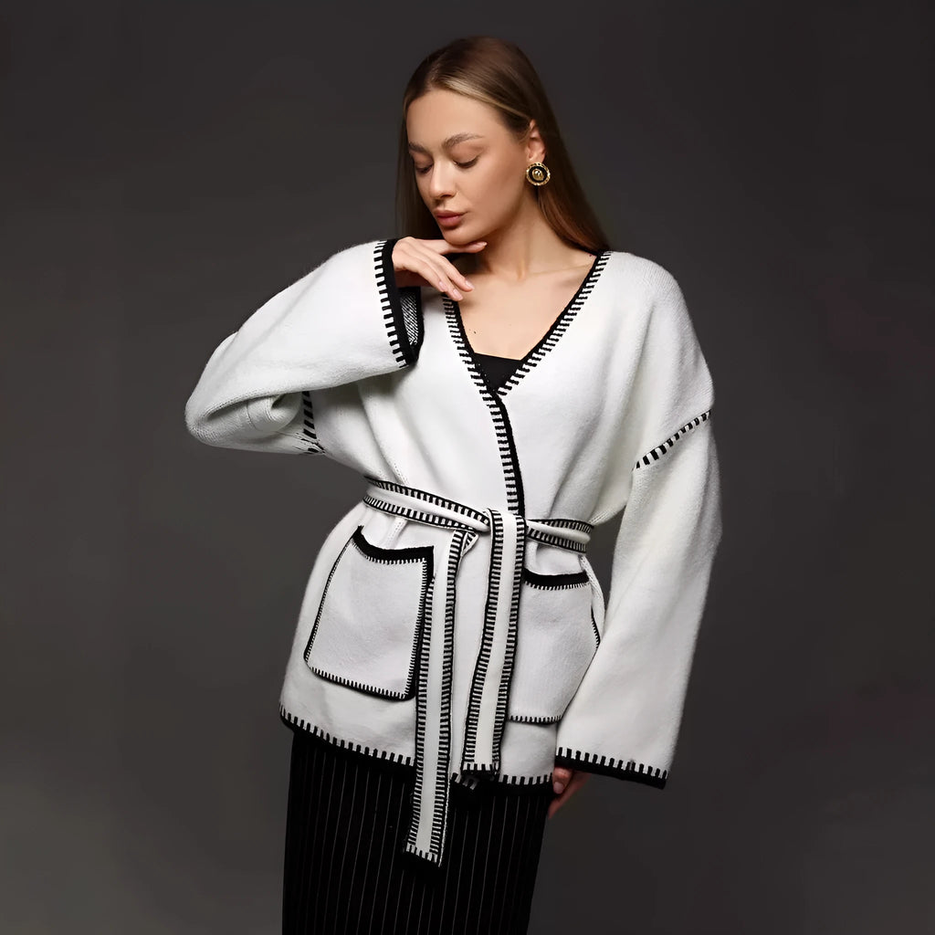 Lace-up front knitted cardigan in a thick imitation cashmere blend, shown in camel colour