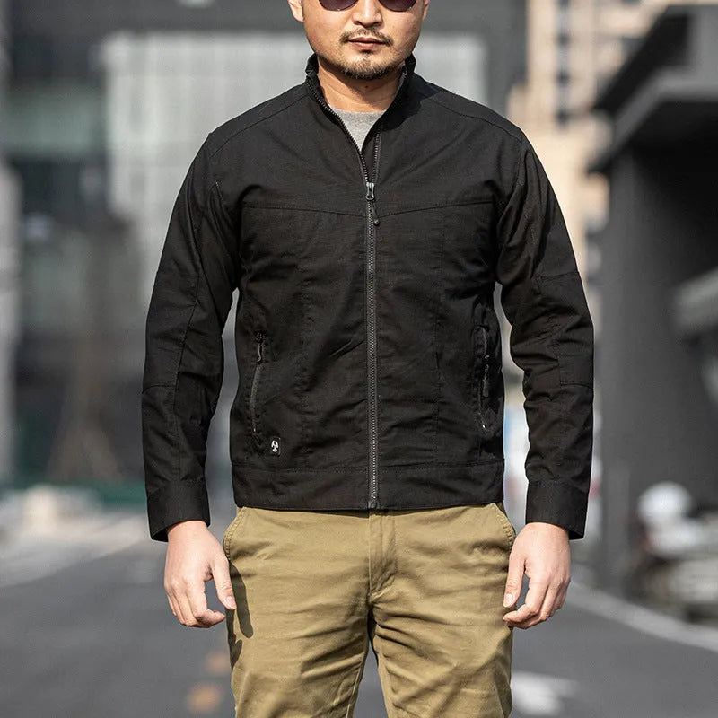Men's brown tactical plaid coat with wear-resistant polyester construction on a mannequin.