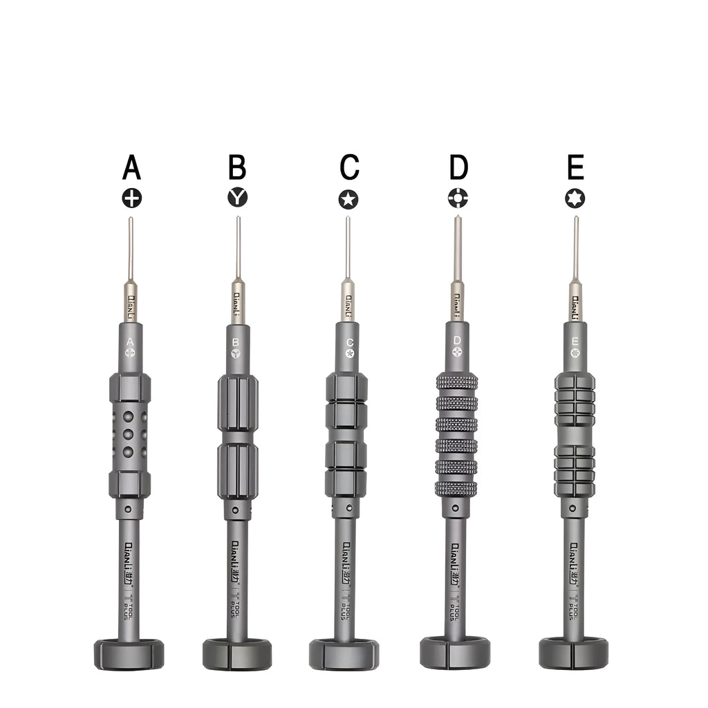 iPhone precision screwdriver with grenade-shaped aluminium handle showing five different head types
